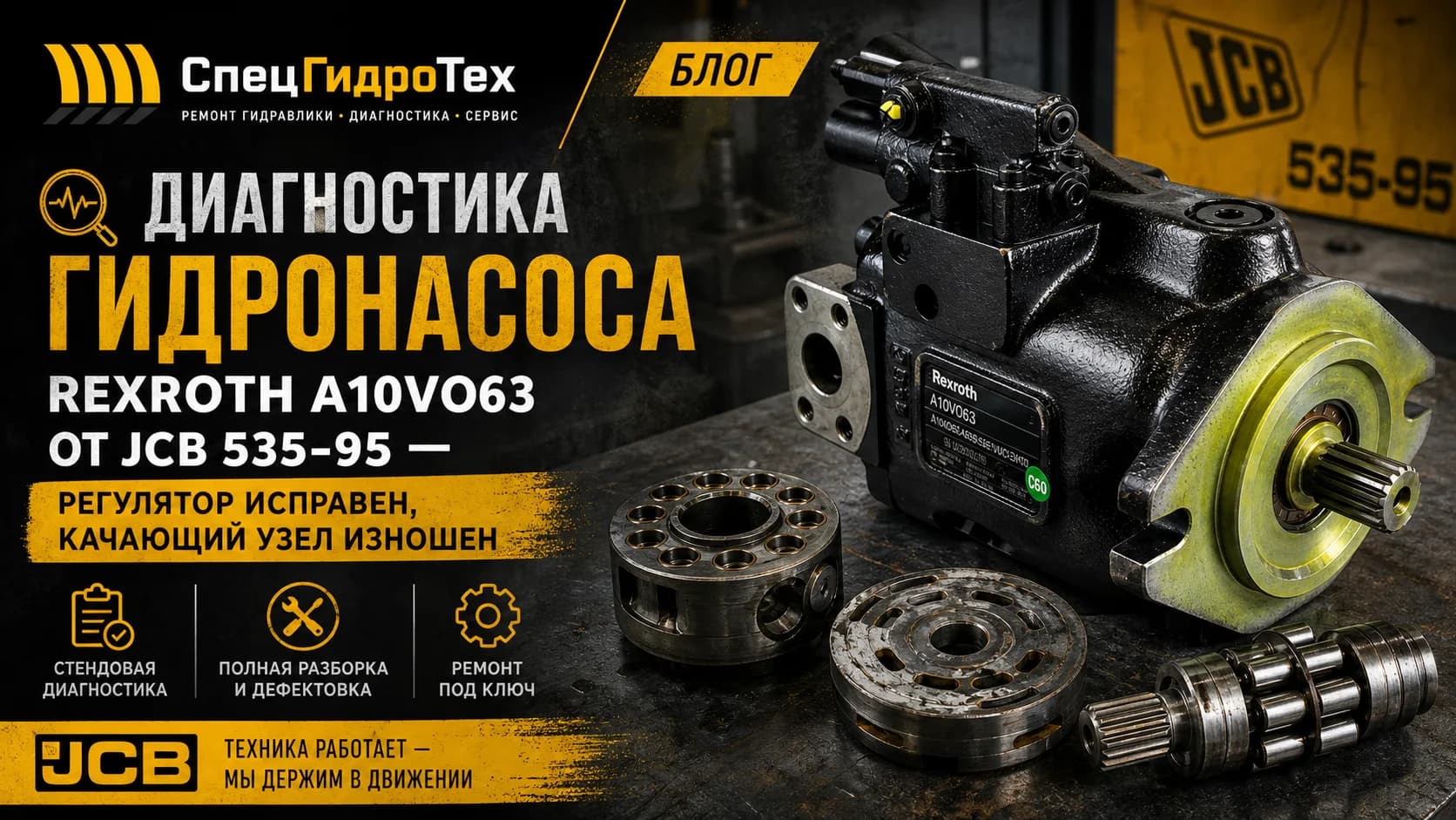Диагностика гидронасоса Rexroth A10VO63 от JCB 535-95 — регулятор исправен, качающий узел изношен